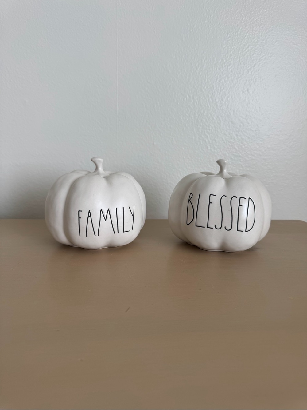 Rae Dunn White "Family" & "Blessed" Ceramic Pumpkin Set
